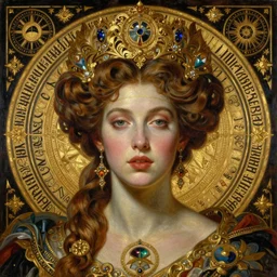 hyper realistic painting portrait of the queen of trash, occult diagram, elaborate details, detailed face, golden ratio, rococo, classical, intrincate ornaments, gold decoration, caligraphy, occult art, illuminated manuscript, oil painting, art noveau, in the style of roberto ferri, gustav moreau, jean delville, bussiere, andrew gonzalez, jim harter