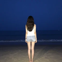 home photography portrait, view from behind, a girl standing on the beach ; night, summer, color vhs picture quality with mixed noise