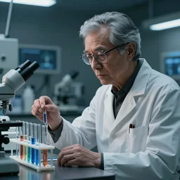 Year 2150. Old while male Gray-haired scientist working in the laboratory wering glasses highly detailed human face. Samples of the anti matter in the test tubes displayed on his working station. Westworld movie style, ultrarealistic