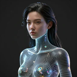 beautiful young woman portrait made from digital wire frame, polymesh, polygroups, maya, zbrush, high poly 3 d glowing wireframe models, wire frame, ultra realistic, dramatic lighting, intricate details, holographic artifacts, highly detailed by peter mohrbacher, boris vallejo, hajime sorayama, wayne barlowe, paolo eleuteri serpieri