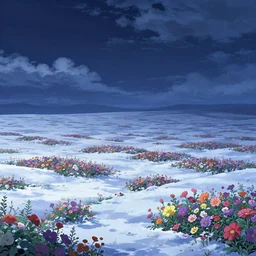 landscape, deep night, winter, snowy, full of colorful flower, beautiful cloud, quiet, no people, anime background, illustration, sharp focus, intricate, smooth, super wide angle, trending on artstation, trending on deviantart