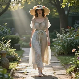 pale woman with dark hair walking down a stone path in a garden, brilliant god rays, diaphanous skirts, ribbons, big sun hat with flowers, hearthstone, by artgerm, by greg rutkowski, by alphonse mucha, by bouguereau, by ruan jia, by and conrad roset,