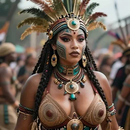 hyper realistic photography portrait of cyberpunk cyborg occult tribal festival warrior fanatic curvy voluptuous curvaceous partygirl amazon face cinematic, vallejo, craig mullins greg rutkowski, artstation, cgsociety