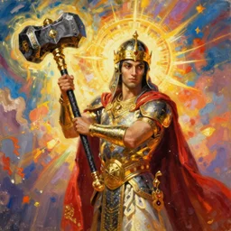 Hejabon the Justicar wielding a magnificent hammer of gold and ebony, d&d, oil painting, magnificent, holy warrior, powerful, colorful, bright