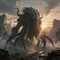 a photorealistic hyperrealistic render of a giant monstrous lovecraftian tentacled creature, mountains scene by pixar, greg rutkowski, wlop, artgerm, epic fantasy dramatic moody dawn lighting, long shadows, volumetric, cinematic atmosphere, octane render, artstation, 8 k