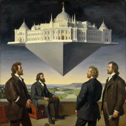a painting by john harris, barlowe wayne, maxfield parrish, gustave dore and marco mazzoni. in the distance a gaint palace in geometric shape suspended in the void. hyper detailed.