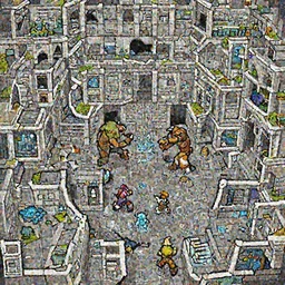 a giant room with bright white walls, a large hole in the middle of the room two golems fighting a four small adventurers and a water creature, fantasy, digital art