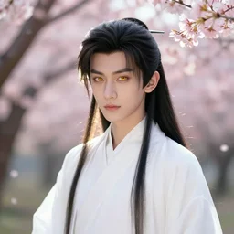 a portrait of a young beautiful prince, golden eyes, long black hair, white hanfu, elegant, cute, intricate, backlit, incredible lighting, strong rim light, subsurface scattering, photorealistic anime, epic beautiful landscape, cherry trees, highly detailed, digital painting, by Heise Jinyao, Heise-Lian Yan Fang, Feimo, Rossdraws, Sakimichan HDRI, vivid colors, high contrast, 8k