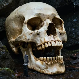 a very large wet skeleton skull rock with its mouth opened, man standing next to it, photo realistic, 4 k