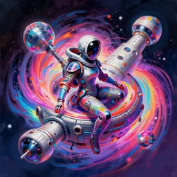 a floating space station, channeling swirling energy, wearing netrunner clothing, vaporwave aesthetic, colorful, psychedelic, digital painting, artstation, concept art, smooth, sharp focus, illustration, art by artgerm and greg rutkowski and alphonse mucha