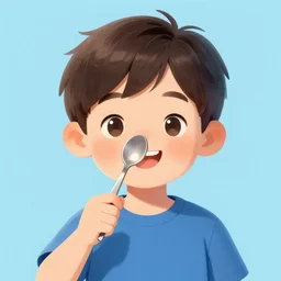 happy boy holding a spoon on his nose, illustration,, high detail, cheerful colours