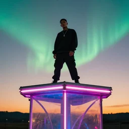 rapstar standing on top of an elevated & translucent platform with neon lights, clear sunset with aurora in the background