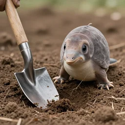 platipus digging the ground with a shovel, realistic, professional photo, 4k, super detailed