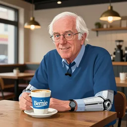 Cyborg Bernie Sanders at a coffee shop drawn in the style of Jason Edmiston 3840 x 2160