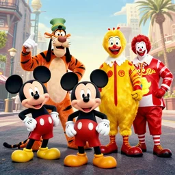 mickey mouse, tony the tiger, goofy, ronald mcdonald, and the duracell guy all at d - day