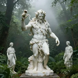 a classical marble statue of cthulhu in a lush green garden by gil elvgren and anton fadeev and albrecht anker, horror, lovecraftian, mist, hyperrealism, volumetric lighting, god rays, ultrafine details, sfumato