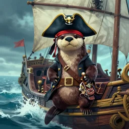 an otter pirate on a ship, storming sea in the background, 4k digital art