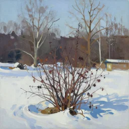 a winter landscape with shrubs and trees on a clear day, in abstract expressionism style
