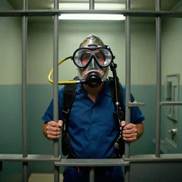 inmate with fish head scuba diving in a jail cell