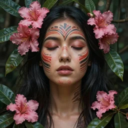 a beautiful portrait of a beautiful woman with eyes closed in the jungle surrounded by pink flowers, tribal face paintings, matte painting, fantasy art
