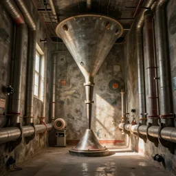 a large room with tubes on the walls and a funnel leading down, h r giger