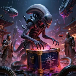 Drop a xenomorph into feudal Japan!!, the ancient Greeks crack open the Hellraiser box, cosmic horror!!!, cinematic, hyper realism, high detail, octane render, unreal engine, 8k, vibrant color, basri’s acolyte!!!!, Snakes, melting Spaceships!, by andrea chiampo and chet zar