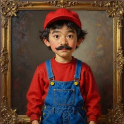 a portrait of a man with a mustache wearing a long - sleeved red shirt, a pair of blue overalls with yellow buttons, and a red cap, chibi art style, oil on canvas, ornate details, unreal engine,