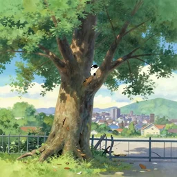 cute, suburbs noon, giant broken ash tree, broken metal fence, polluted city panorama far away, gouache matte painting by pixar studio makoto shinkai