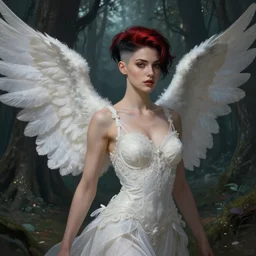 a beautiful cinematic sexy female angel, fantasy forest landscape, fantasy magic, undercut hairstyle, short red black fade hair, dark light night, intricate, elegant, sharp focus, illustration, highly detailed, digital painting, concept art, matte, art by WLOP and Artgerm and Greg Rutkowski and Alphonse Mucha, masterpiece