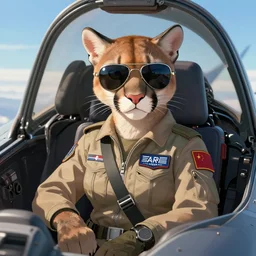character portrait feature of the anthro female anthropomorphic puma bobcat mountain lion fursona wearing aviator sunglasses fighter jet pilot outfit uniform sitting in a fighter jet cockpit flying plane professional pilot for us air force character design stylized by charlie bowater, ross tran, artgerm, and makoto shinkai, detailed, soft lighting, rendered in octane
