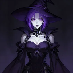 Beautiful grown up anime women as a evil witch with purple short hair , pale white skin , robotic eyes , artstation , 4K , Highly detailed , high quality , dramatic lighting , drawn by Yusuke Murata , elegant, highly detailed, centered, digital painting, artstation, concept art, artgerm, donato giancola, Joseph Christian Leyendecker, WLOP, Boris Vallejo, Artgerm