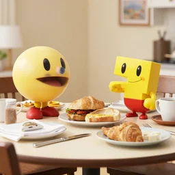 color photo still of pac - man and ms pac - man, realistic live action at the breakfast table