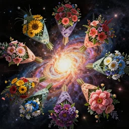 An epic fantastic realism comic book style painting of the most beautiful flowers launched into space, bouquets, glorious galactic collision, fisheye, unreal 5, DAZ, hyperrealistic, octane render, dynamic lighting