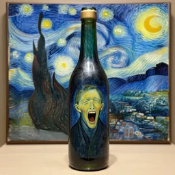 a bottle on display filled with the scream painting by edward munch starry night, by edward munch