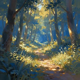 hq beautiful digital matte painting detailed forest light grassy path blue and gold in the summer sunshine, james gurney, constrast 8 k resolution trending on artstation