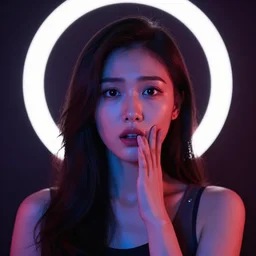 woman, beautiful asian, standing in front of the camera, scared, close up, red and blue, loop light, photography, iso 2 0 0, alex ross, abed abdi