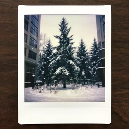 atmospheric polaroid photo of a snowy taiga growing in an office building