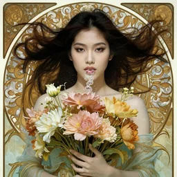 closeup portrait of a beautiful mysterious thai girl, holding a bouquet of flowers, hands disappeared under the bouquet, flowing hair, underwater, bubbles from the mouth, fantasy, regal, intricate, art nouveau, swirly intricate linework background by stanley artgerm lau, greg rutkowski, thomas kinkade, alphonse mucha, loish, norman rockwell