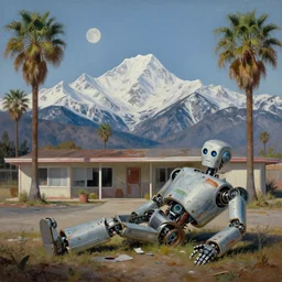 broken robot | natural american landscape | abandoned motel | palm trees | snowy mountains | moon in sky, painting by syd mead and weta studio and moebius and james jean and frank frazetta, highly detailed, rule of third, soft lighting, 8 k resolution, oil on canvas, architectural magazine, beautiful detailed, insanely intricate details, artstation trending, hypermaximalistic, high details, cinematic