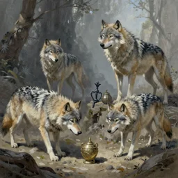 wolves and their treasures. treasures of a thousand temples. digital painting by david caspar friedrich and h. r. giger