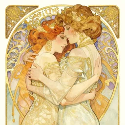 the embrace | highly detailed | very intricate | art nouveau | gold filigree | romantic storybook fantasy | soft cinematic lighting | award - winning | disney concept art watercolor illustration by mandy jurgens and alphonse mucha and alena aenami | pastel color palette | featured on artstation