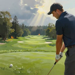 close-up of a golf player on a stunning landscape lush golf course, a burning forest far away, digital painting, 4k, rays of light, particles light, by sasha kalinkin, Noah Bradley, ilya kuvshinov