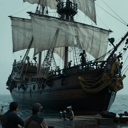 vfx film, on set, on location, big production, pirate ship, outdoor, behind the scenes, film production, making of, flat color profile low - key lighting award winning photography arri alexa cinematography, hyper real photorealistic cinematic beautiful, atmospheric cool colorgrade