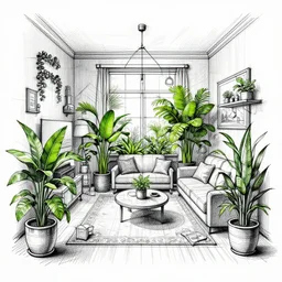 annotated highly, detailed and intricate, sketch of a room full of green plants, marker concept art style rendering, concept art, half blueprint, trending on artstation, intricate details, center frame, annotations