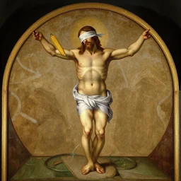 michelangelo painting of jesus christ with blindfold!!!!!! holding cornucopia!!!!!!