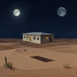 a single building flying above a desert oasis in a moonlit night in the style of peter mohrbacher and jacek yerka, detailed