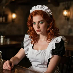 beautiful bar maid with auburn hair and green eyes, in a medieval tavern at night, dramatic, cinematic, filmic, 7 5 mm, f / 1. 8