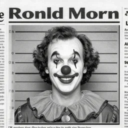 ronald mcdonald mugshot in the newspaper, black and white newspaper, headline mugshot image of ronald mcdonald clown, clown mugshot, old fashioned photograph, criminal mugshot