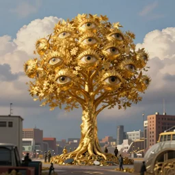 golden hour, tilt shift, 1 9 1 2 wwi, golden tree made of! eyes, thick clouds behind, film still 3 5 mm, colorized photo, dystopian environment, intricate, highly detailed, painting, artstation, concept, smooth, sharp focus, illustration, artgerm, by zdzisław beksinski