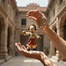hands and fingers, forming the shape of a woman, sunlight dappling on her, she holds a hand puppet, in ancient airy building,  everything is hands, award-winning photo